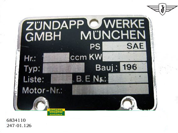 6834110 9002 Motorblok typeplaatje 1960 Zundapp